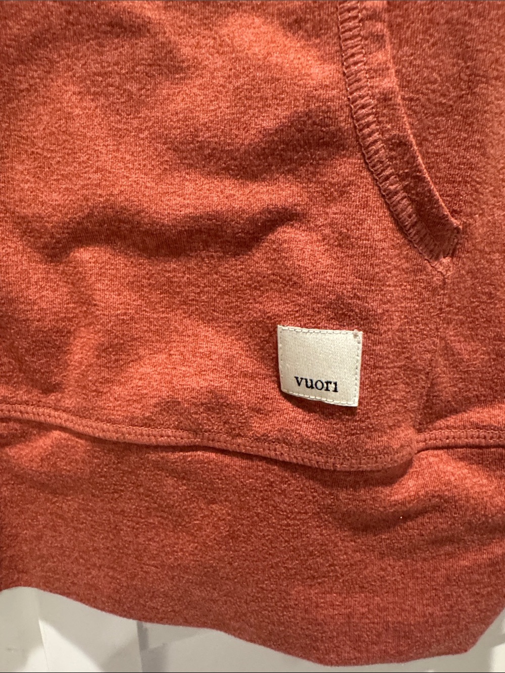 Vuori Halo Performance Zip Hoodie in Rust Orange, soft fabric. No fabric tag. - Picture 3 of 10